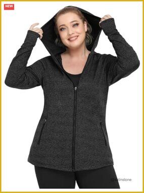 Plus Size Fleece Zip Up Hoodie Women Thermal Running Jacket with Thumbholes